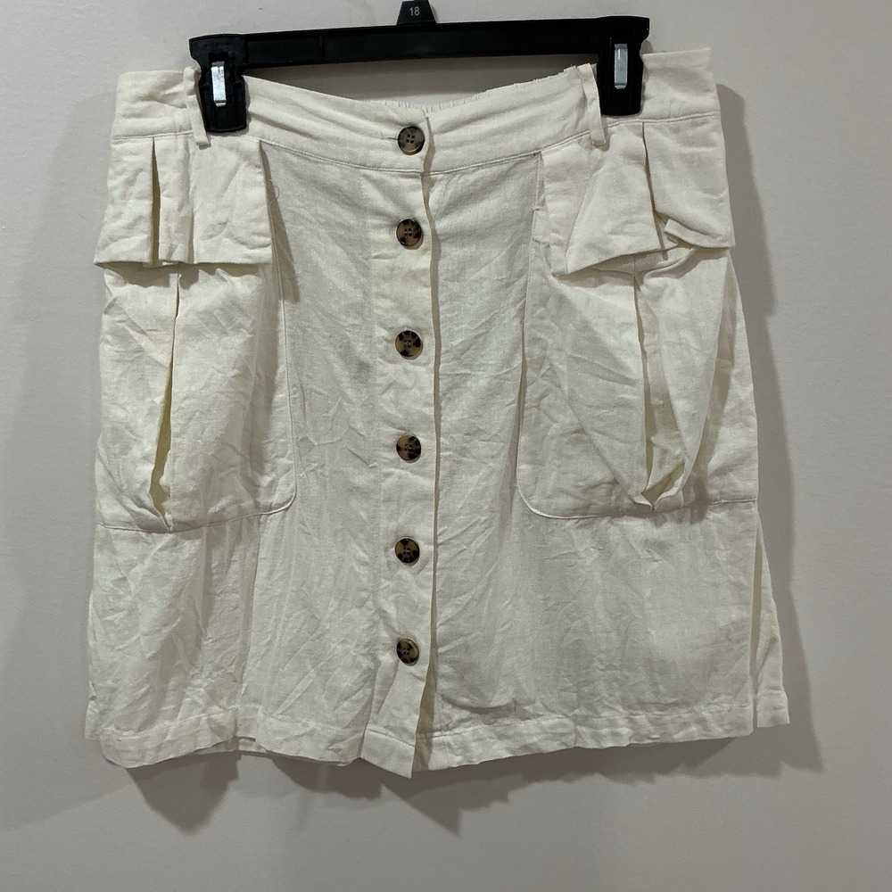 Nicole Miller Ivory Linen Blend Button Front Cargo Utility Mini Skirt Large